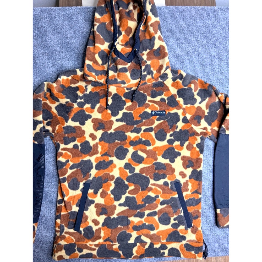 Columbia Mens M Duck Camo Fleece Hoodie Orange Brown Pullover Workwear